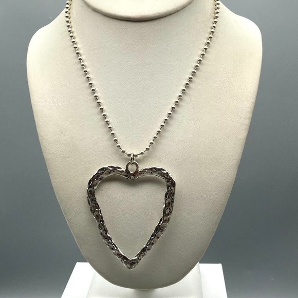 Hammered Heart Open Pendant Necklace, Big and Bold Silver Tone Bead Chain - Picture 1 of 4